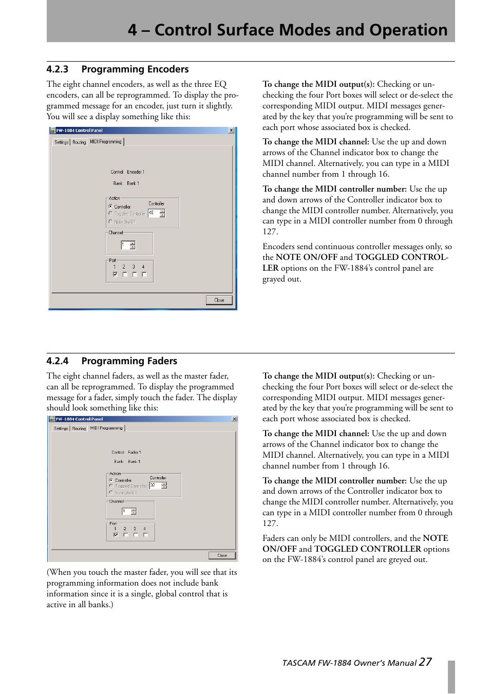 3 programming encoders, 4 programming faders, Programming encoders | Programming faders, 4 – control surface modes and operation | Teac FW-1884 User Manual | Page 27 / 42