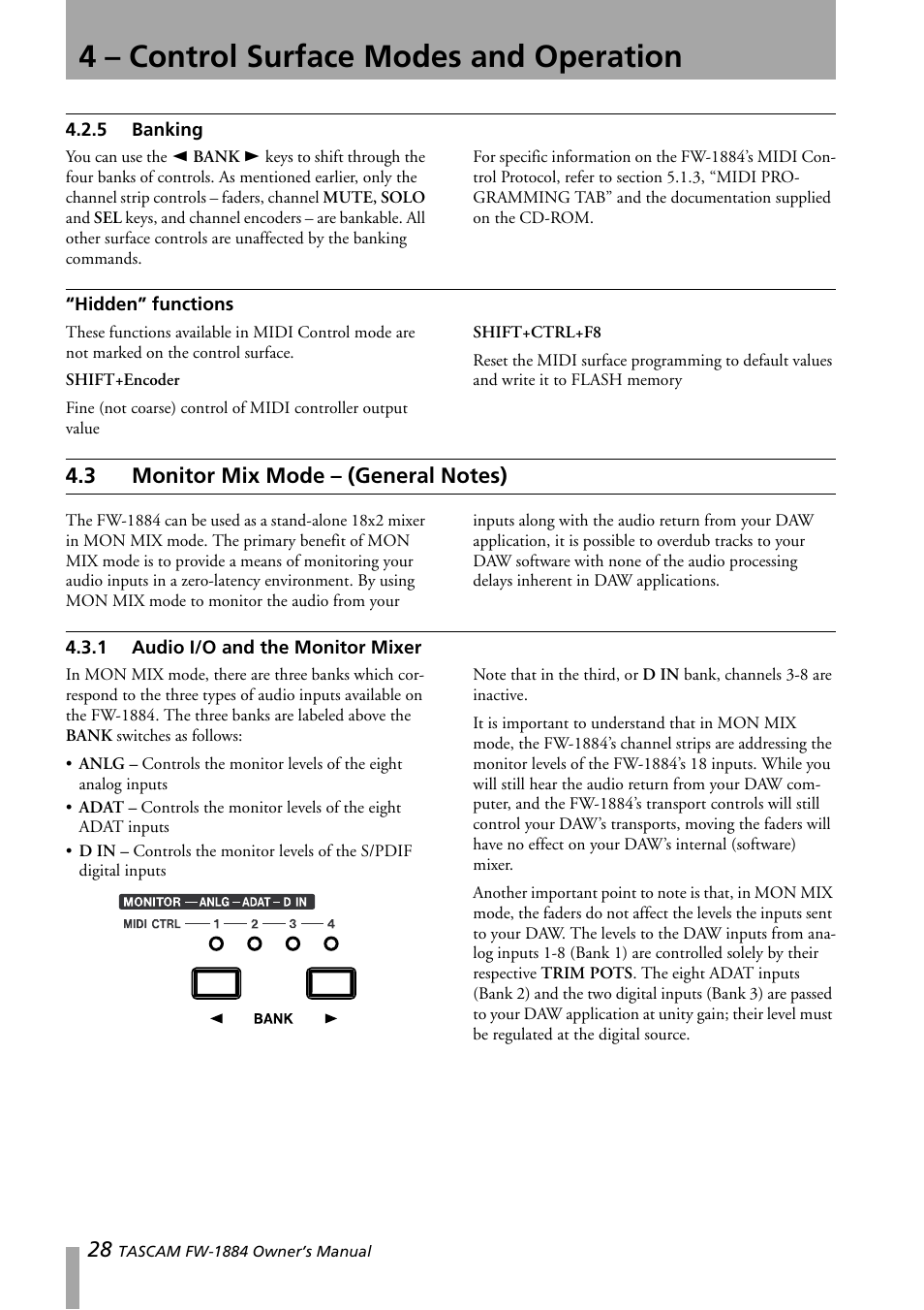 5 banking, Hidden” functions, 3 monitor mix mode - (general notes) | 1 audio i/o and the monitor mixer, Banking, Monitor mix mode – (general notes), Audio i/o and the monitor mixer, 4 – control surface modes and operation | Teac FW-1884 User Manual | Page 28 / 42