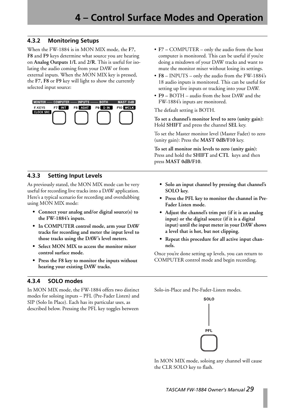 2 monitoring setups, 3 setting input levels, 4 solo modes | Monitoring setups, Setting input levels, Solo modes, 4 – control surface modes and operation | Teac FW-1884 User Manual | Page 29 / 42