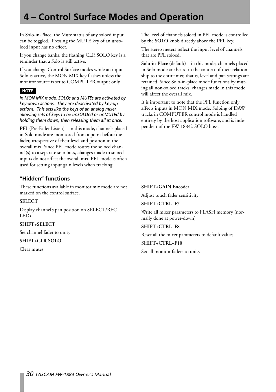 Hidden” functions, 4 – control surface modes and operation | Teac FW-1884 User Manual | Page 30 / 42