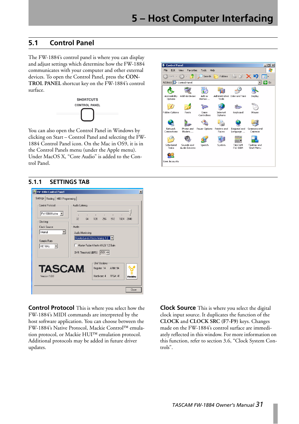 5 - host computer interfacing, 1 control panel, 1 settings tab | 5 – host computer interfacing, Control panel, Settings tab, Section 5.1, “control panel | Teac FW-1884 User Manual | Page 31 / 42