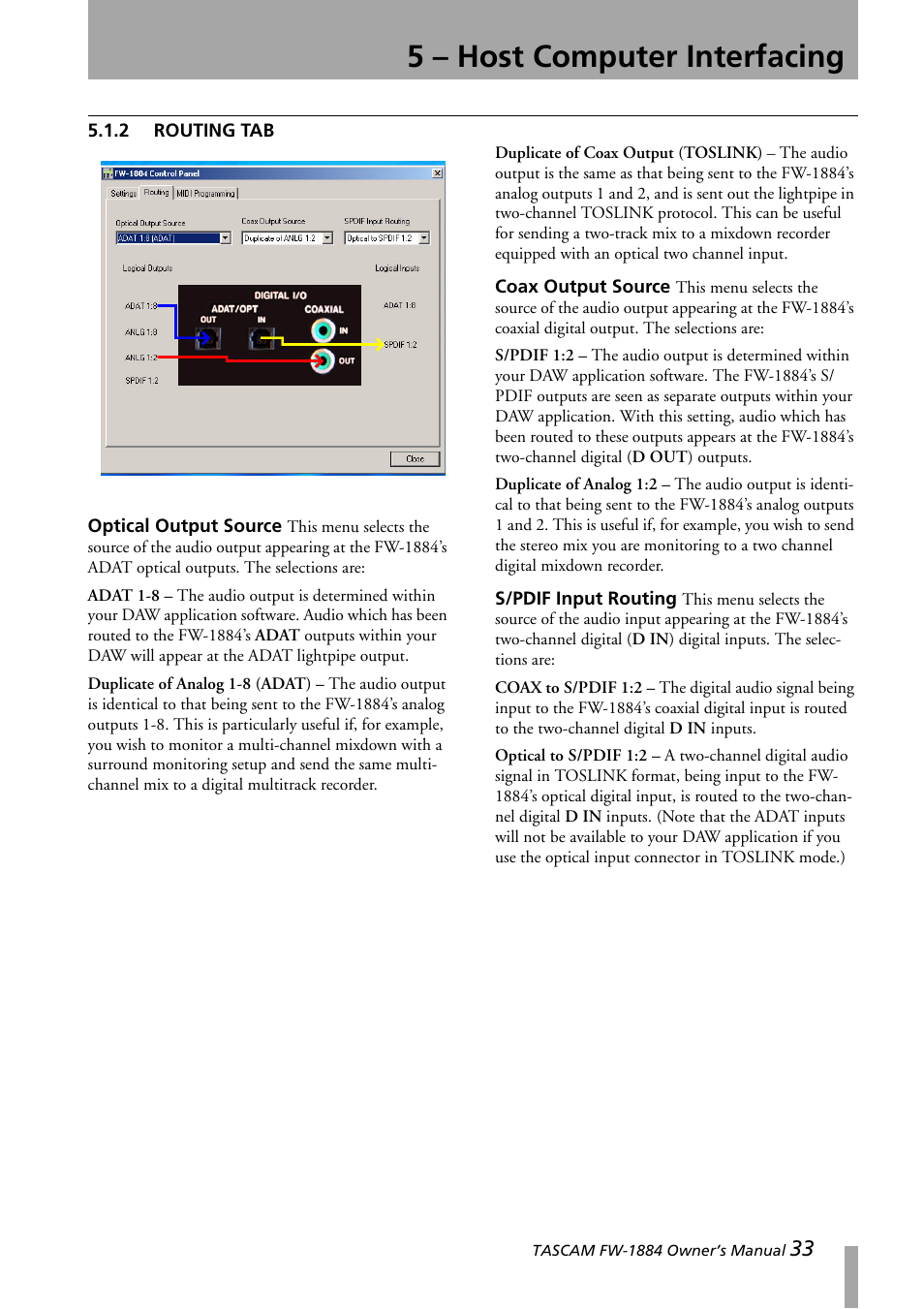 2 routing tab, Routing tab, 5 – host computer interfacing | Teac FW-1884 User Manual | Page 33 / 42