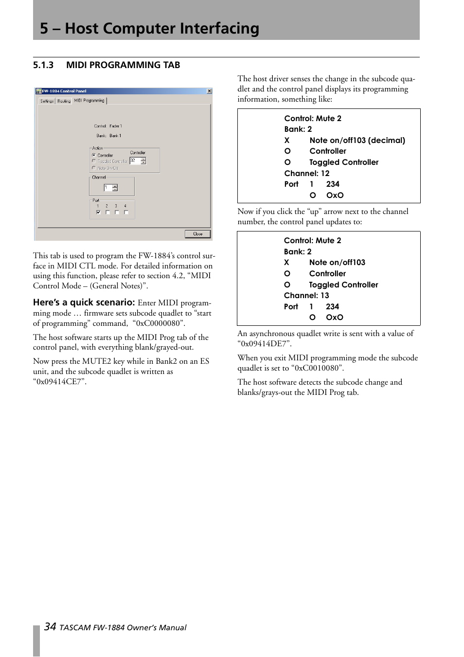 3 midi programming tab, Midi programming tab, 5 – host computer interfacing | Teac FW-1884 User Manual | Page 34 / 42