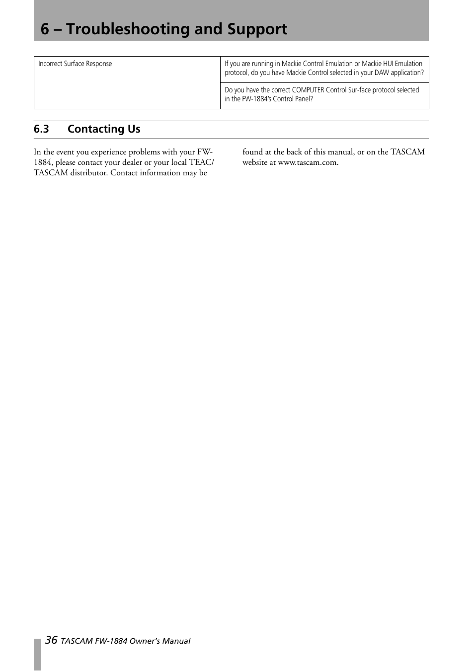 3 contacting us, Contacting us, 6 – troubleshooting and support | Teac FW-1884 User Manual | Page 36 / 42