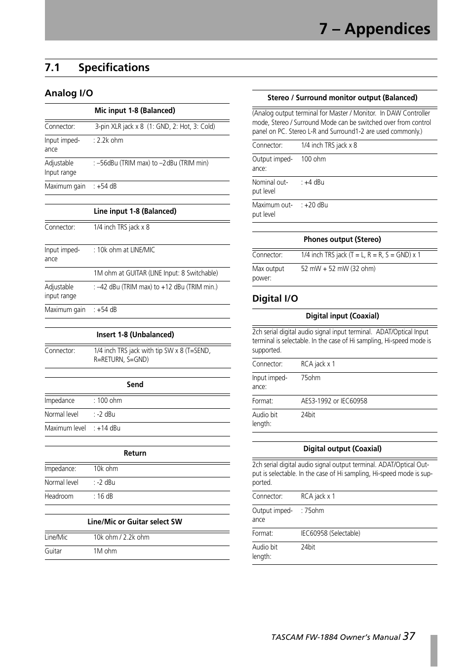 7 - appendices, 1 specifications, 7 – appendices | Specifications, Analog i/o digital i/o | Teac FW-1884 User Manual | Page 37 / 42