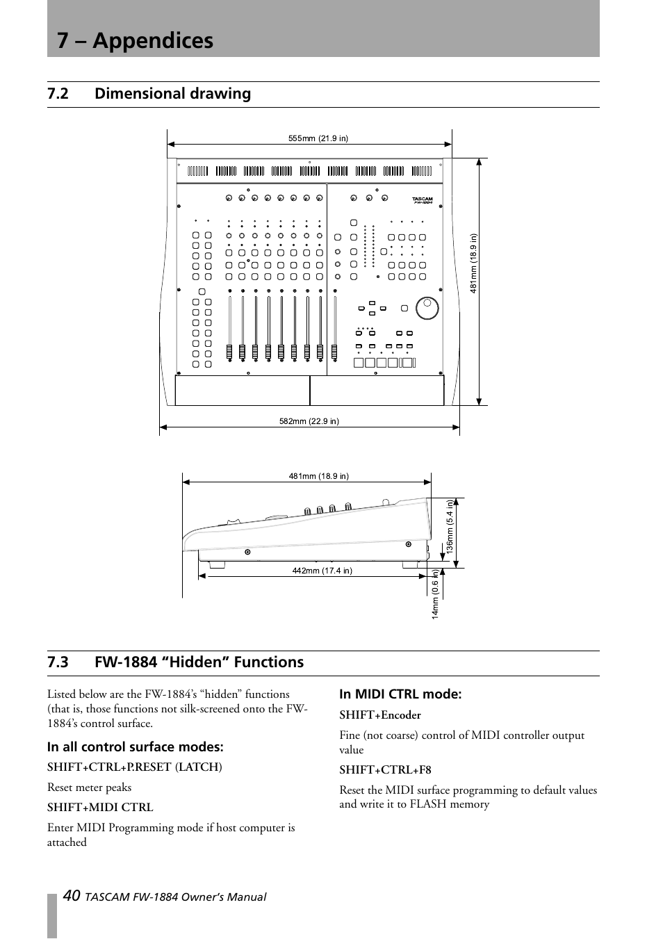 2 dimensional drawing, 3 fw-1884 “hidden” functions, Dimensional drawing | Fw-1884 “hidden” functions, 7 – appendices | Teac FW-1884 User Manual | Page 40 / 42