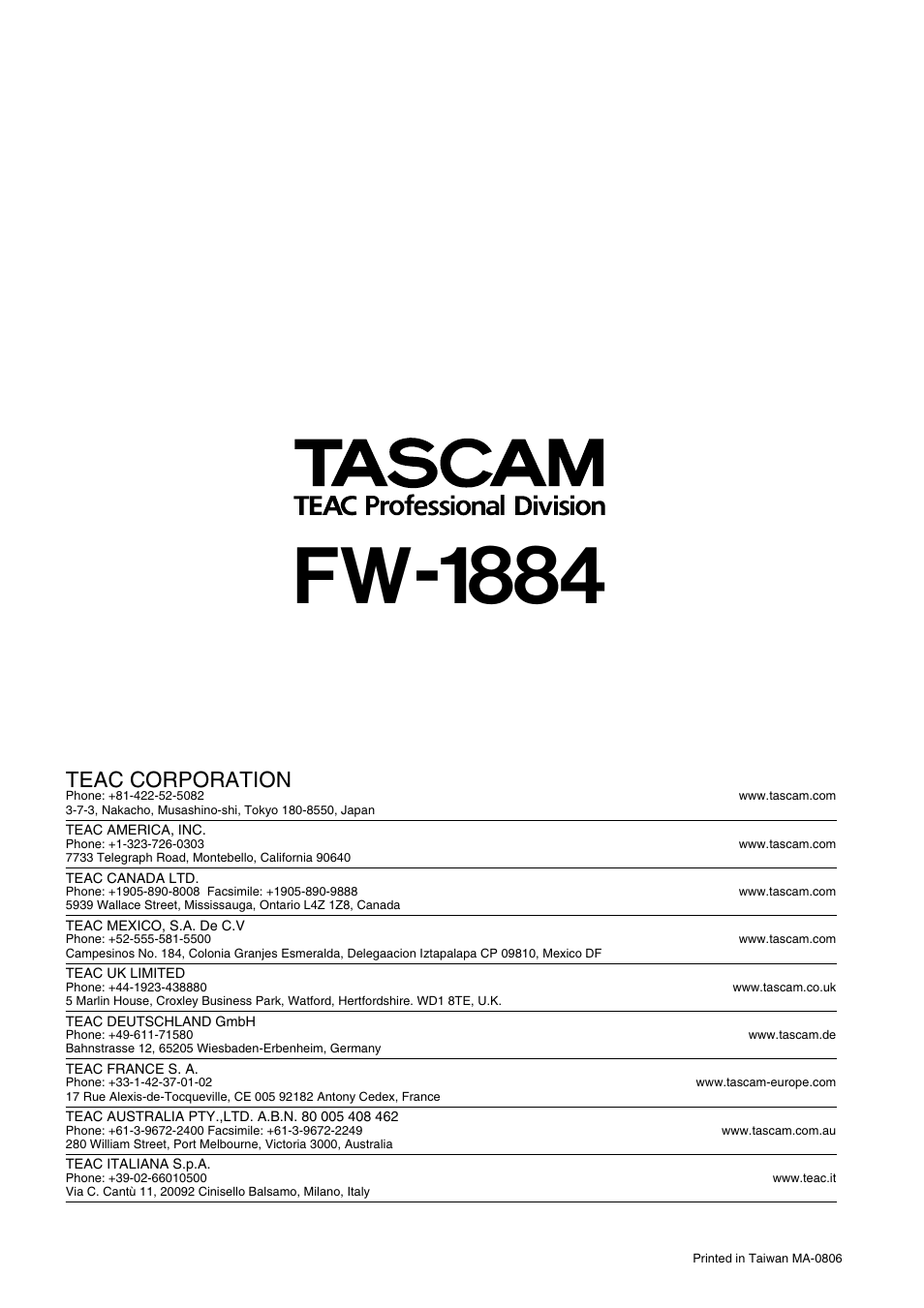 Fw-1884, Teac corporation | Teac FW-1884 User Manual | Page 42 / 42