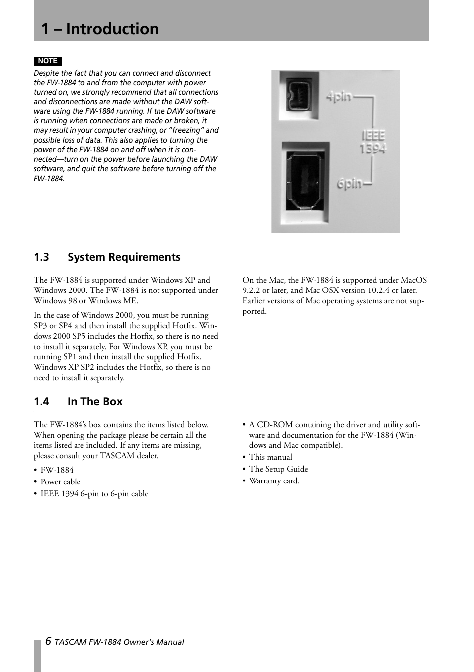 3 system requirements, 4 in the box, System requirements | In the box, 1 – introduction | Teac FW-1884 User Manual | Page 6 / 42