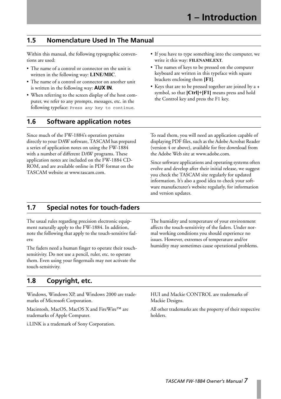 5 nomenclature used in the manual, 6 software application notes, 7 special notes for touch-faders | 8 copyright, etc, Nomenclature used in the manual, Software application notes, Special notes for touch-faders, Copyright, etc, 1 – introduction | Teac FW-1884 User Manual | Page 7 / 42