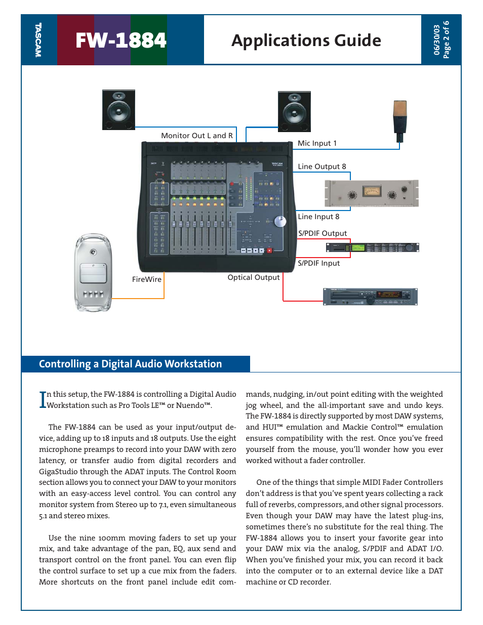 Fw-1884, Applications guide, Controlling a digital audio workstation | Teac FW-1884 Applications Guide User Manual | Page 2 / 6