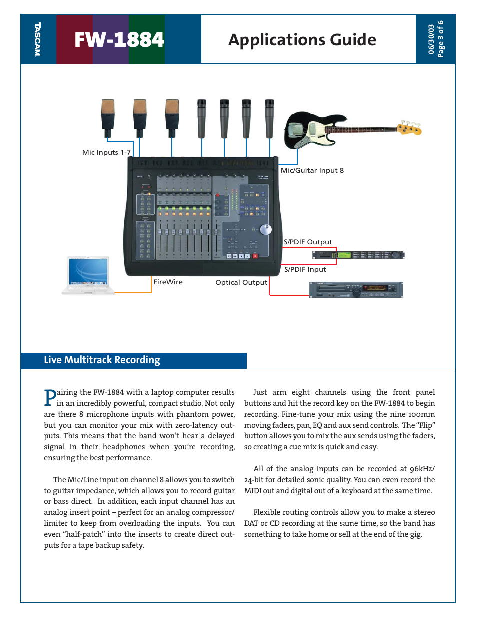 Fw-1884, Applications guide, Live multitrack recording | Teac FW-1884 Applications Guide User Manual | Page 3 / 6