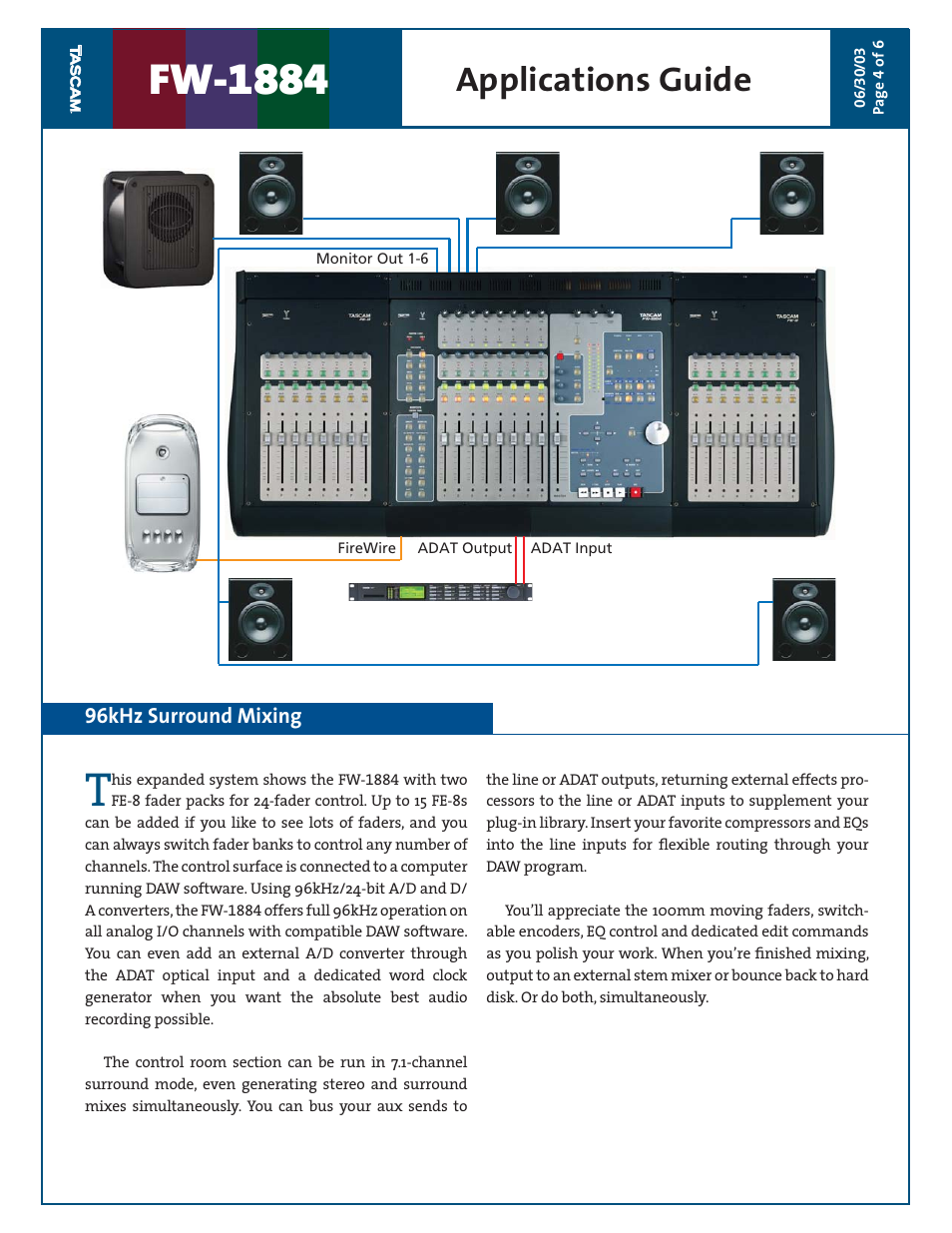 Fw-1884, Applications guide, 96 khz surround mixing | Teac FW-1884 Applications Guide User Manual | Page 4 / 6