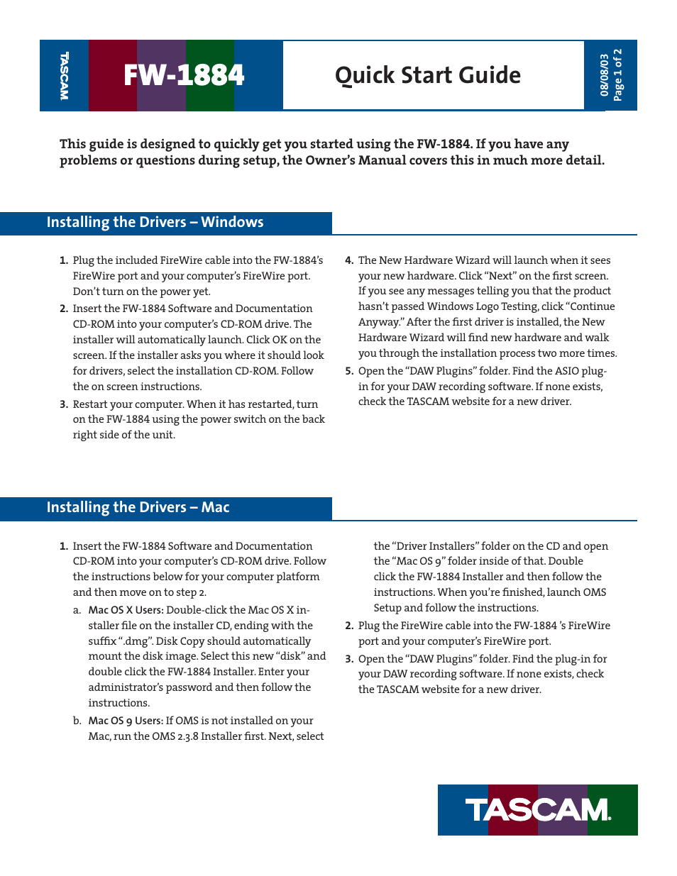 Teac FW-1884 Quick Start User Manual | 2 pages