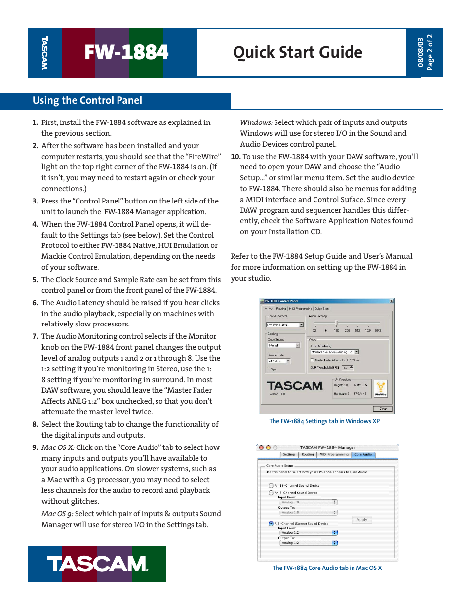 Fw-1884, Quick start guide, Using the control panel | Teac FW-1884 Quick Start User Manual | Page 2 / 2