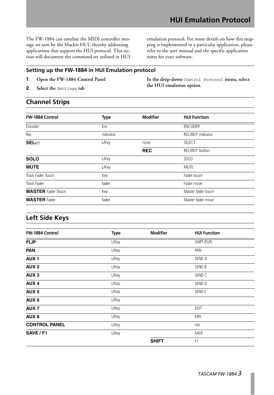 Setting up the fw-1884 in hui emulation protocol, Channel strips, Left side keys | Setting up the fw-1884 in hui emulation, Protocol, Hui emulation protocol, Channel strips left side keys | Teac FW-1884 Emulation User Manual | Page 3 / 7