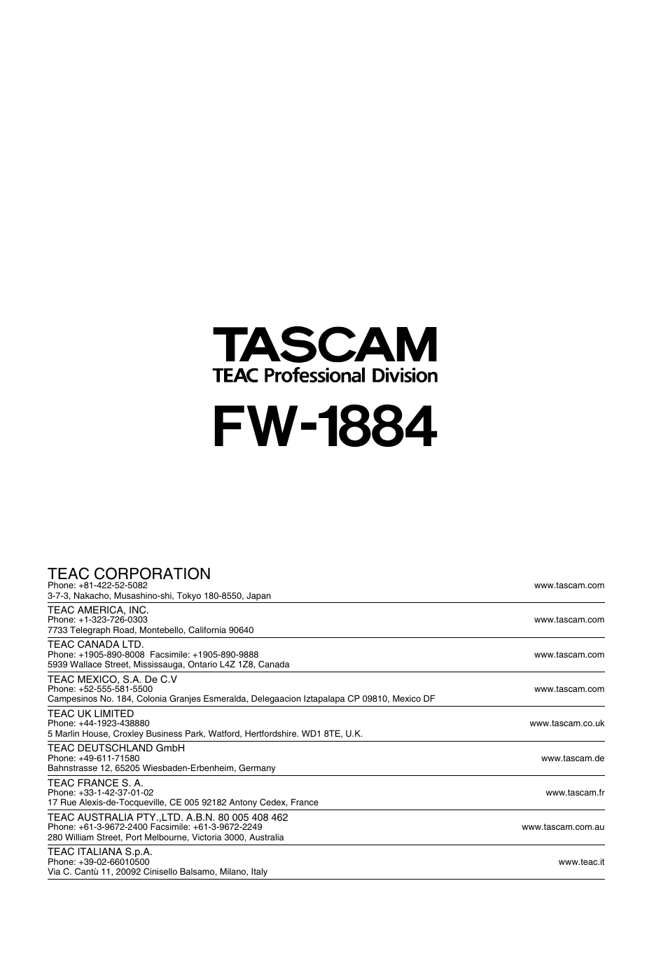 Fw-1884, Teac corporation | Teac FW-1884 Emulation User Manual | Page 7 / 7