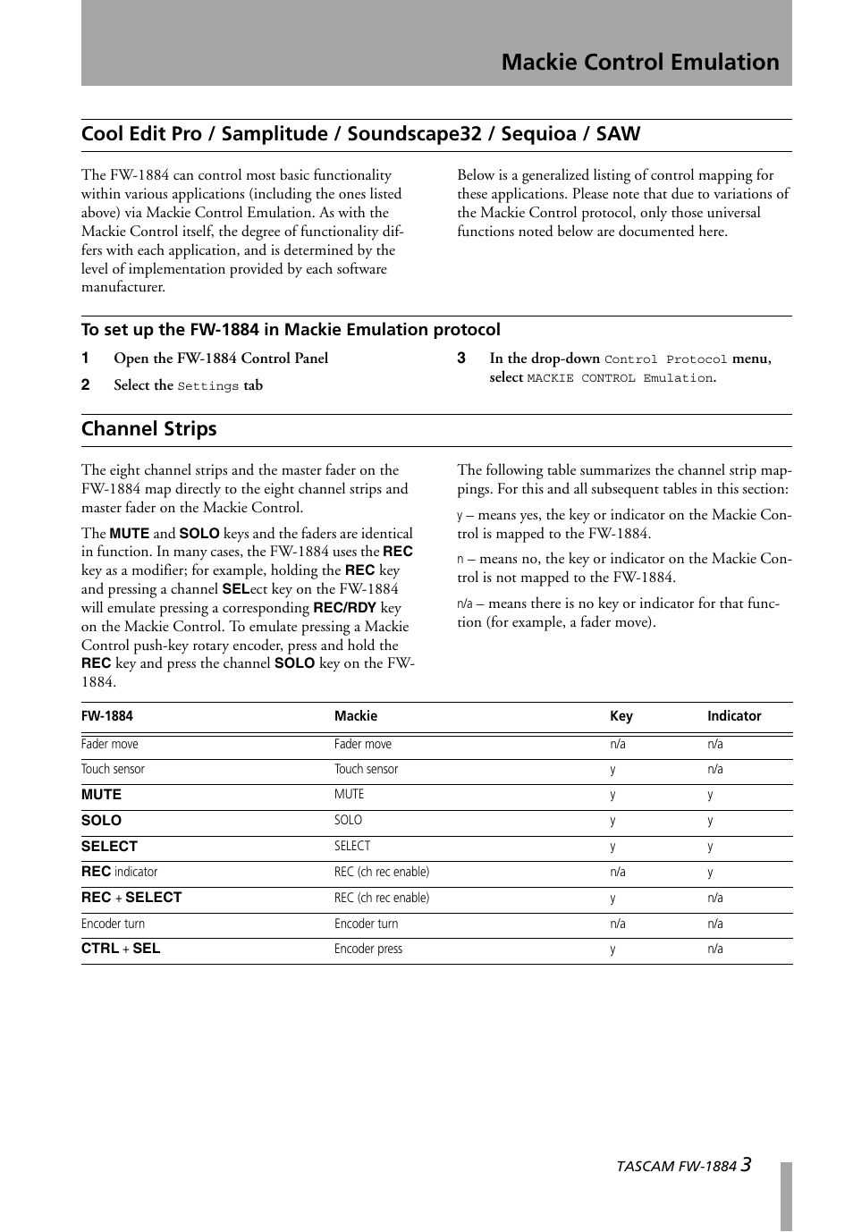 To set up the fw-1884 in mackie emulation protocol, Channel strips, Cool edit pro / samplitude / soudscape32 | Sequioa / saw, To set up the fw-1884 in mackie emulation, Protocol, Mackie control emulation | Teac FW-1884 Mackie Control Emulation User Manual | Page 3 / 5