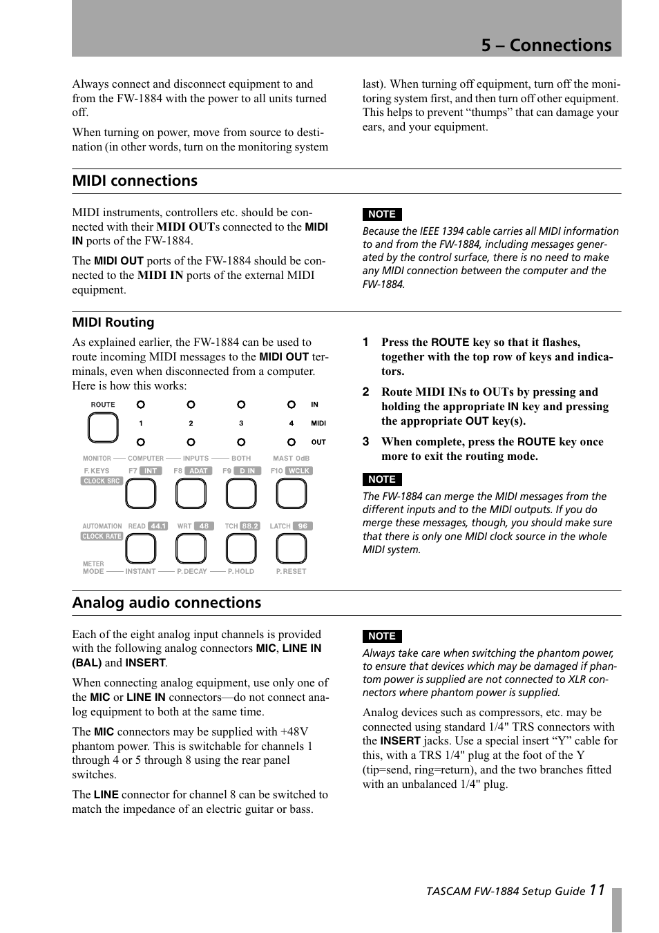 5 - connections, Midi connections, Midi routing | Analog audio connections, 5 – connections | Teac FW-1884 Setup Guide User Manual | Page 11 / 16