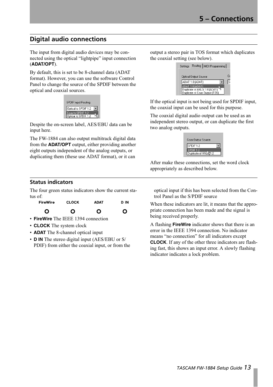 Digital audio connections, Status indicators, 5 – connections | 13 digital audio connections | Teac FW-1884 Setup Guide User Manual | Page 13 / 16