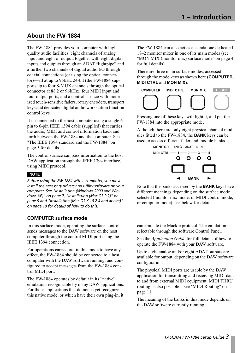 1 - introduction, About the fw-1884, Computer surface mode | 1 – introduction | Teac FW-1884 Setup Guide User Manual | Page 3 / 16