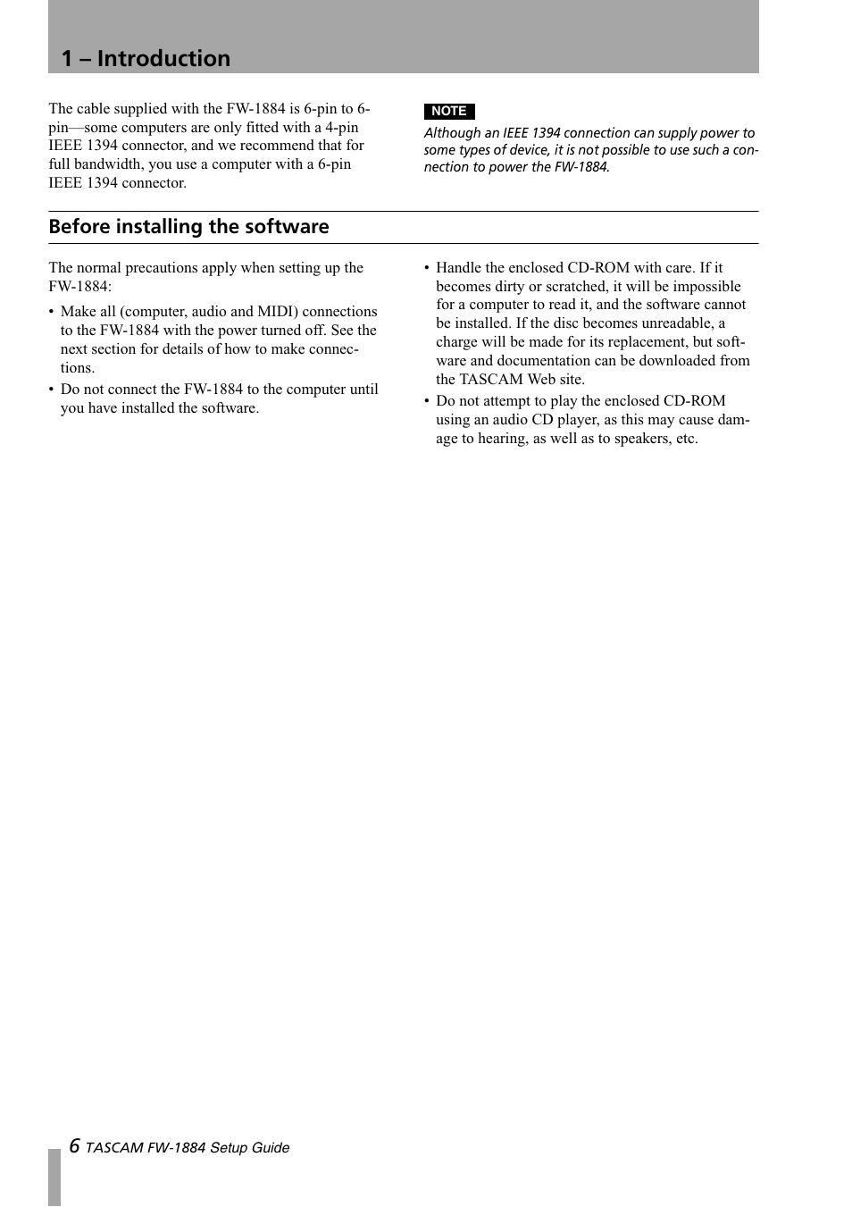 Before installing the software, 1 – introduction | Teac FW-1884 Setup Guide User Manual | Page 6 / 16