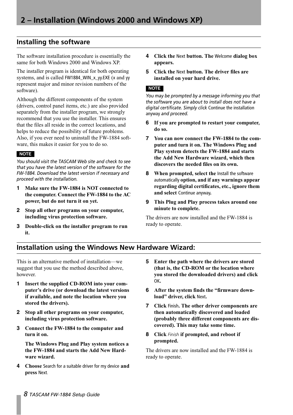 Installing the software, Installation using the windows new hardware wizard | Teac FW-1884 Setup Guide User Manual | Page 8 / 16