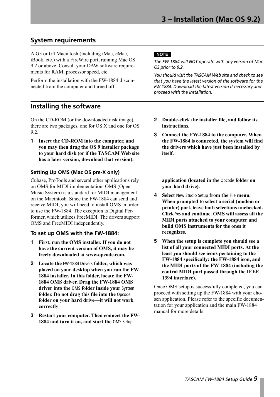 3 - installation (mac os 9.2), System requirements, Installing the software | Setting up oms (mac os pre-x only), 3 – installation (mac os 9.2), System requirements installing the software | Teac FW-1884 Setup Guide User Manual | Page 9 / 16