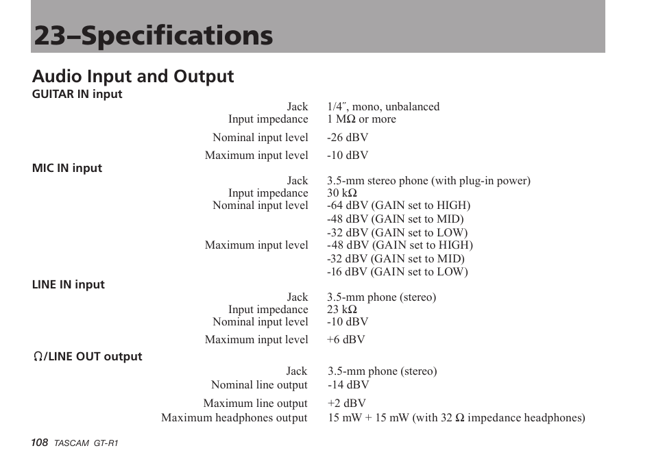 23–specifications, Audio input and output | Teac GT-R1 User Manual | Page 108 / 112