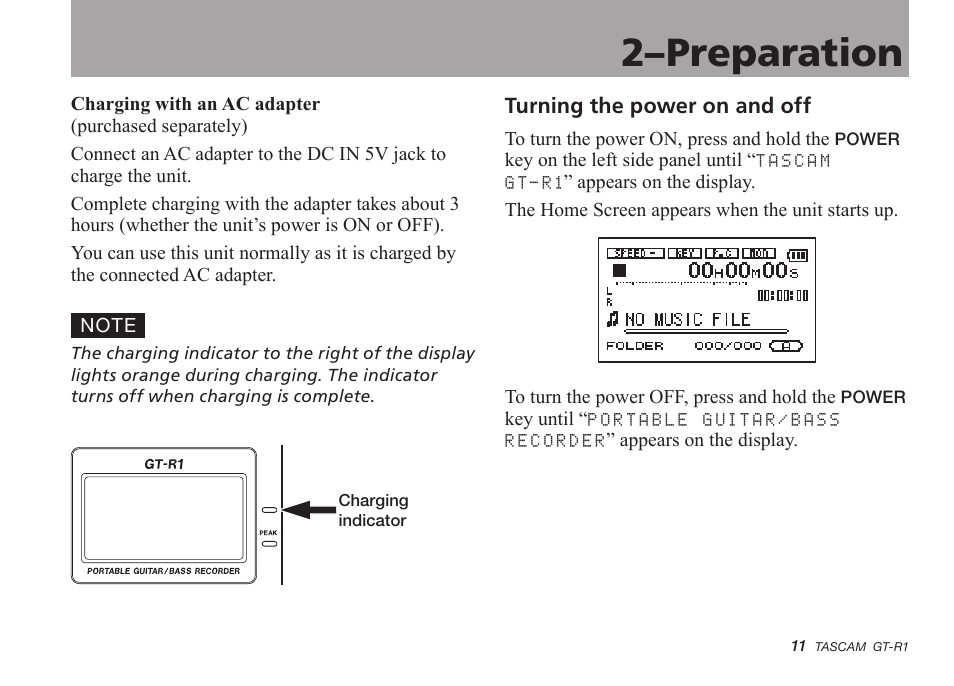 Turning the power on and off, 2–preparation | Teac GT-R1 User Manual | Page 11 / 112