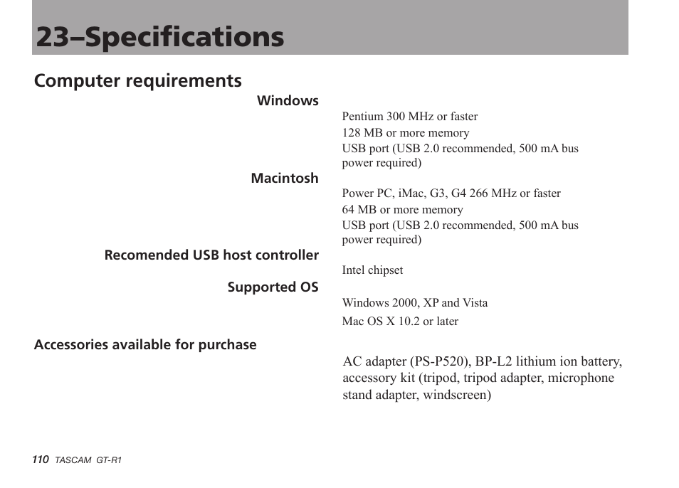 Computer requirements, 23–specifications | Teac GT-R1 User Manual | Page 110 / 112