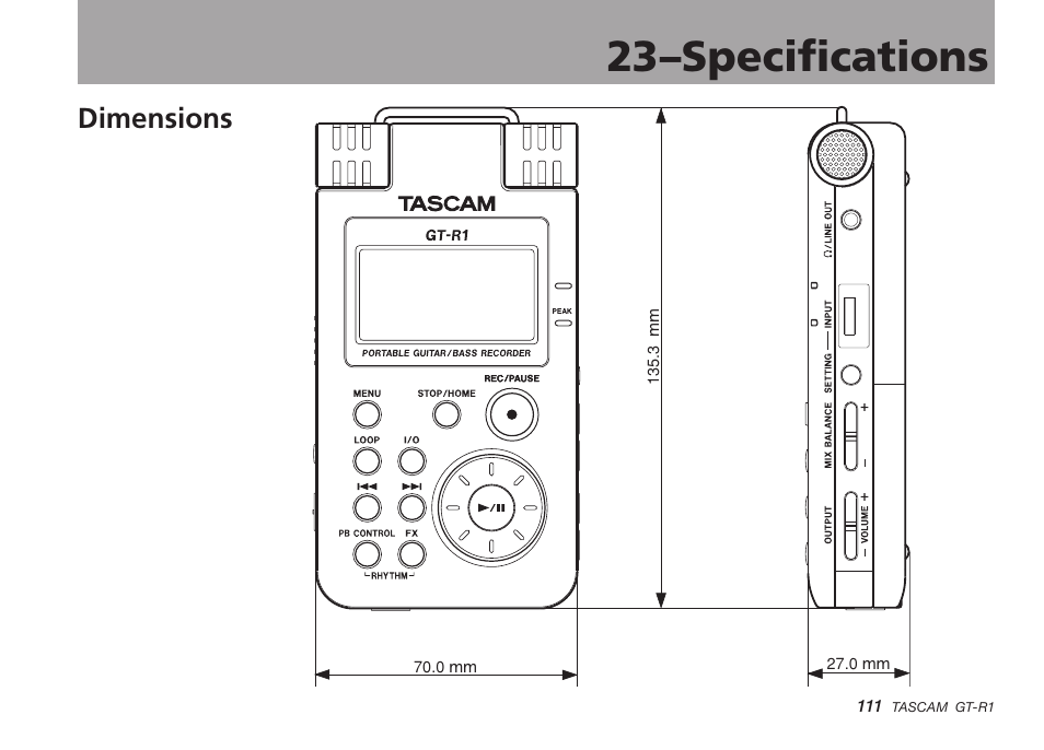 Dimensions, 23–specifications | Teac GT-R1 User Manual | Page 111 / 112