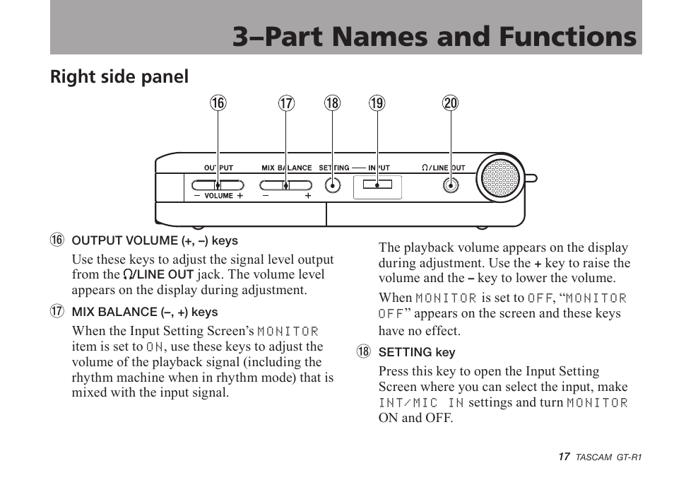 Right side panel, 3–part names and functions | Teac GT-R1 User Manual | Page 17 / 112