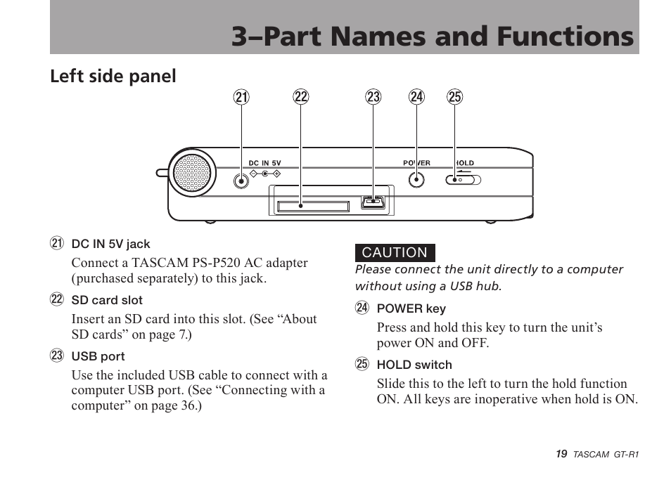 Left side panel, 3–part names and functions | Teac GT-R1 User Manual | Page 19 / 112