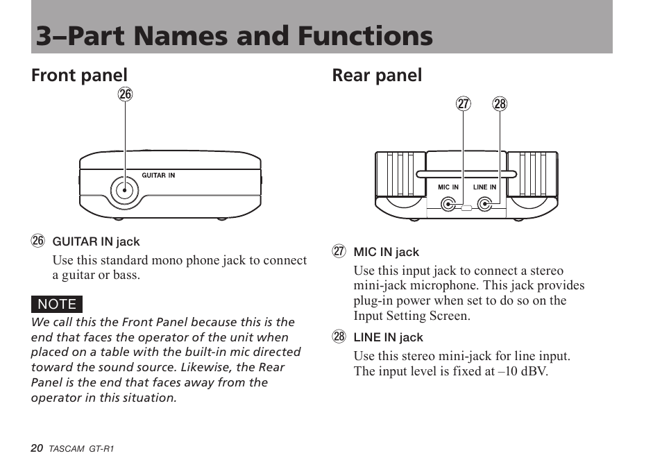 Front panel, Rear panel, 3–part names and functions | Teac GT-R1 User Manual | Page 20 / 112