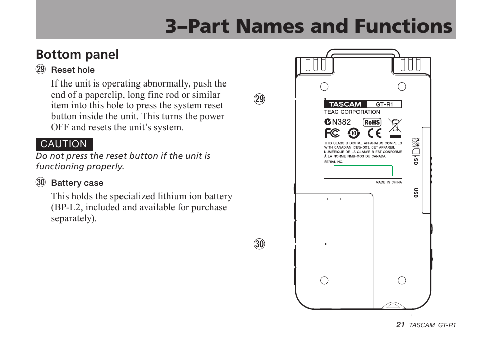 Bottom panel, 3–part names and functions | Teac GT-R1 User Manual | Page 21 / 112