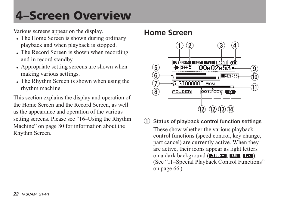 4–screen overview, Home screen | Teac GT-R1 User Manual | Page 22 / 112