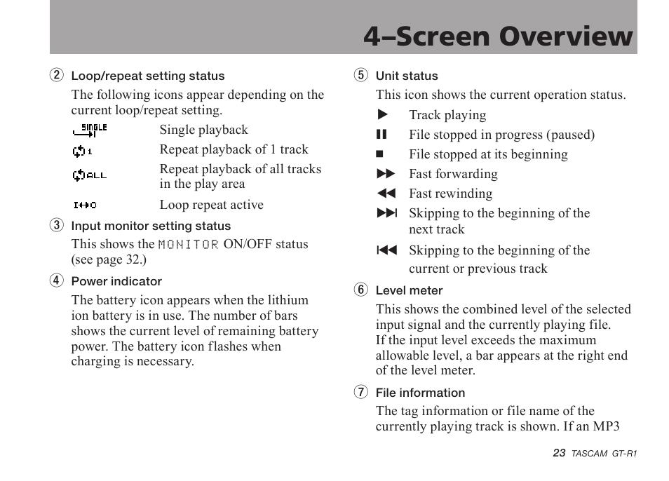 4–screen overview | Teac GT-R1 User Manual | Page 23 / 112