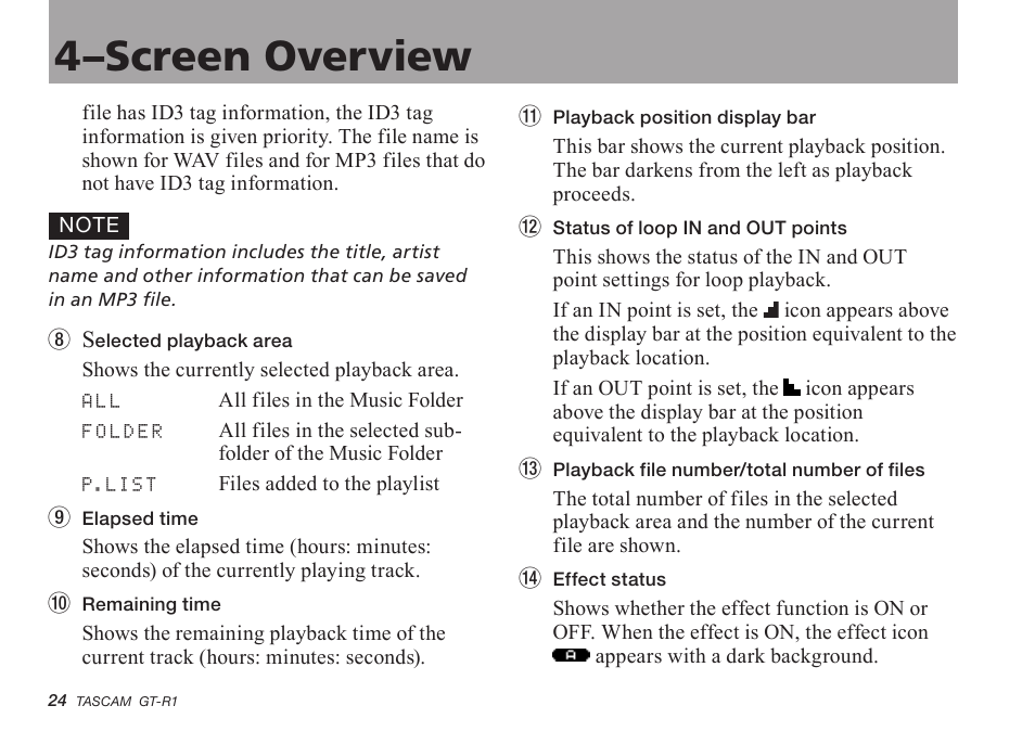 4–screen overview | Teac GT-R1 User Manual | Page 24 / 112