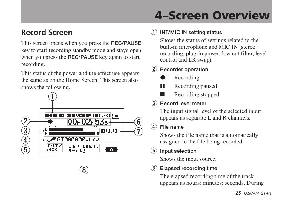 Record screen, 4–screen overview | Teac GT-R1 User Manual | Page 25 / 112