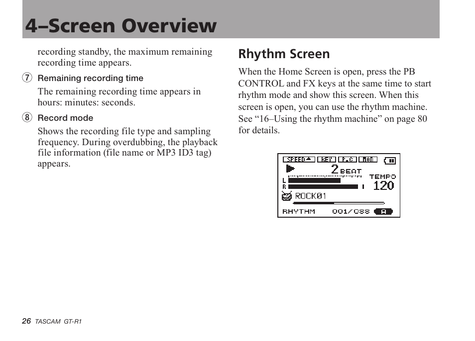 Rhythm screen, 4–screen overview | Teac GT-R1 User Manual | Page 26 / 112