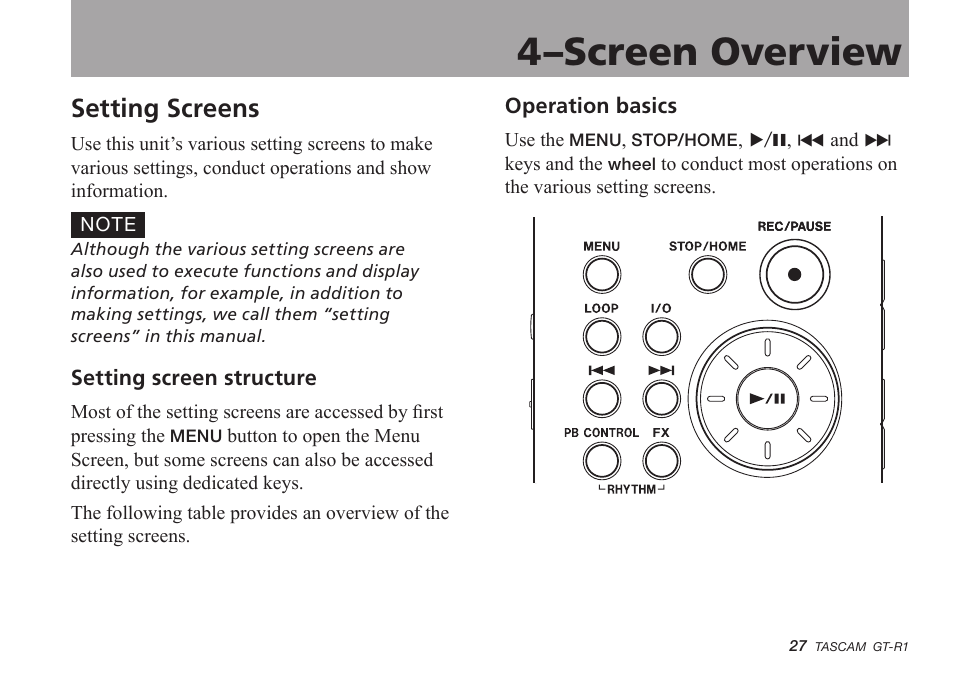 Setting screens, Setting screen structure, Operation basics | 4–screen overview | Teac GT-R1 User Manual | Page 27 / 112