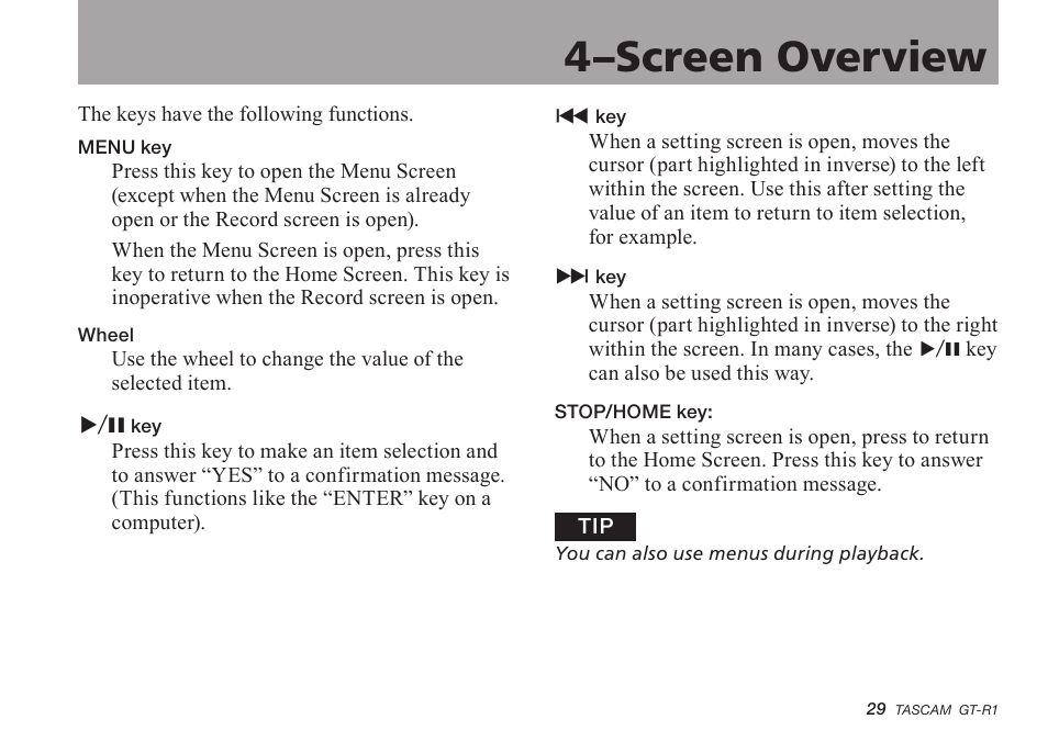 4–screen overview | Teac GT-R1 User Manual | Page 29 / 112