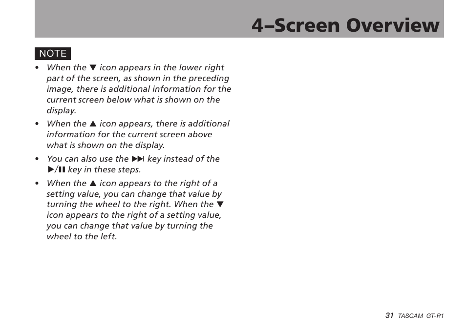 4–screen overview | Teac GT-R1 User Manual | Page 31 / 112