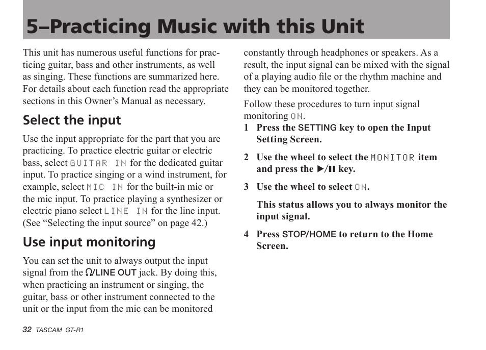 5–practicing music with this unit, Select the input, Use input monitoring | Teac GT-R1 User Manual | Page 32 / 112