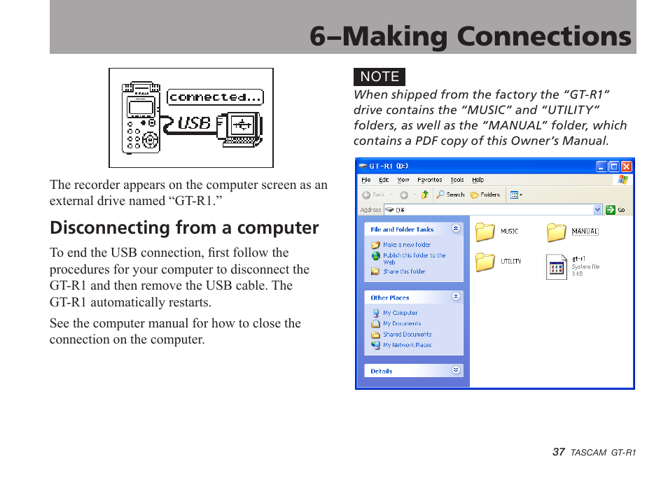 Disconnecting from a computer, 6–making connections | Teac GT-R1 User Manual | Page 37 / 112