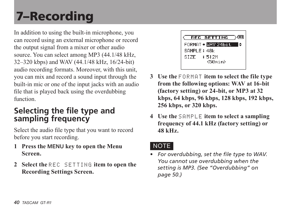 7–recording, Selecting the file type and sampling frequency | Teac GT-R1 User Manual | Page 40 / 112