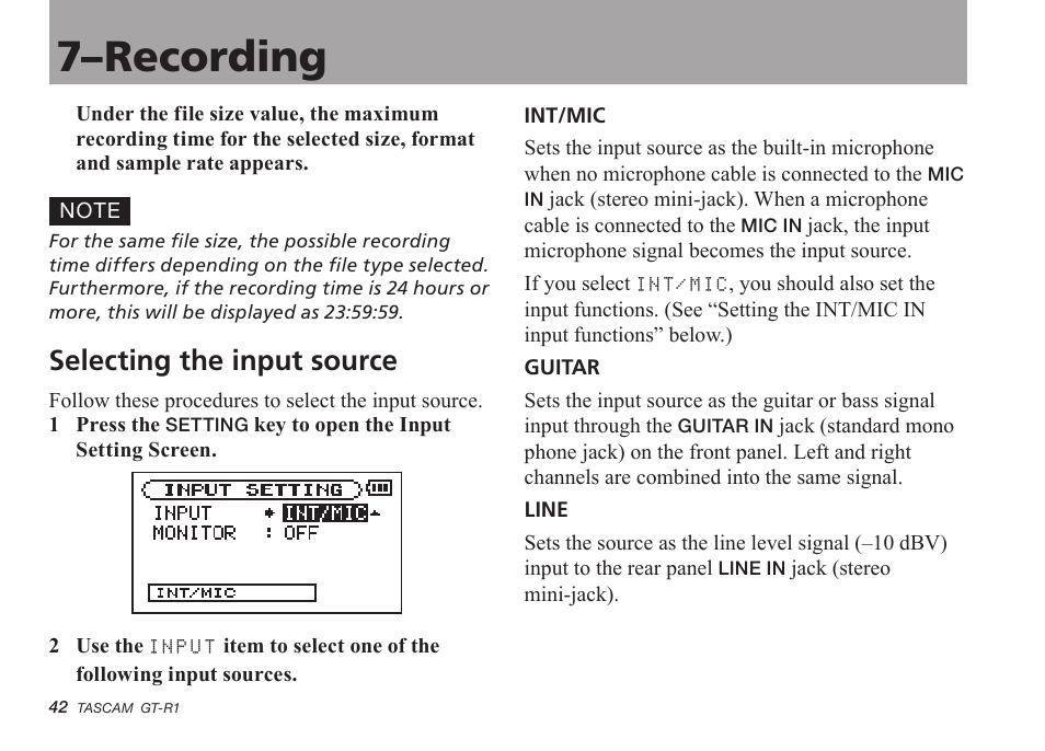 Selecting the input source, 7–recording | Teac GT-R1 User Manual | Page 42 / 112