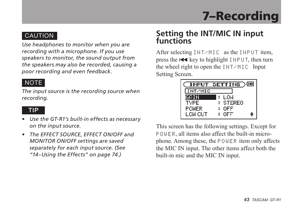 Setting the int/mic in input functions, 7–recording | Teac GT-R1 User Manual | Page 43 / 112