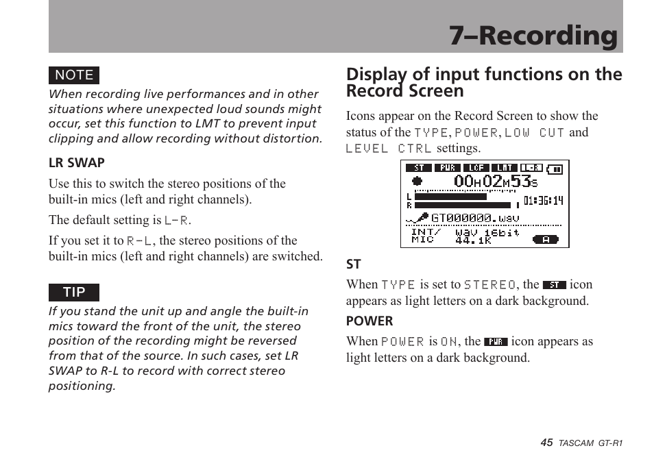 Display of input functions on the record screen, 7–recording | Teac GT-R1 User Manual | Page 45 / 112