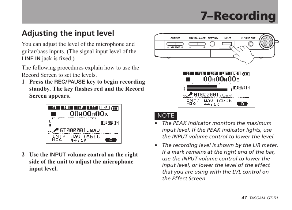 Adjusting the input level, 7–recording | Teac GT-R1 User Manual | Page 47 / 112